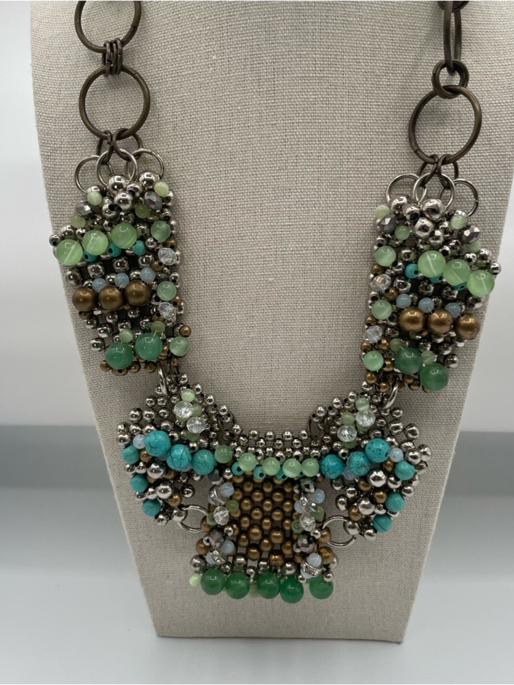 Anthropologie Green and Turquoise Beaded Statement Necklace - Picture 2 of 9